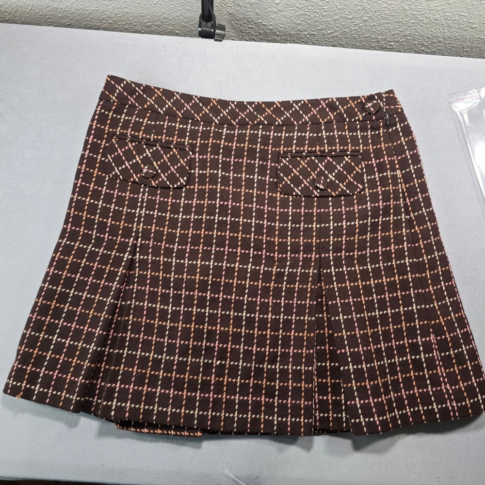 Ann Taylor LOFT Brown Pink Plaid Wool Mini Skirt Pleated A-Line Size 12‎ Career